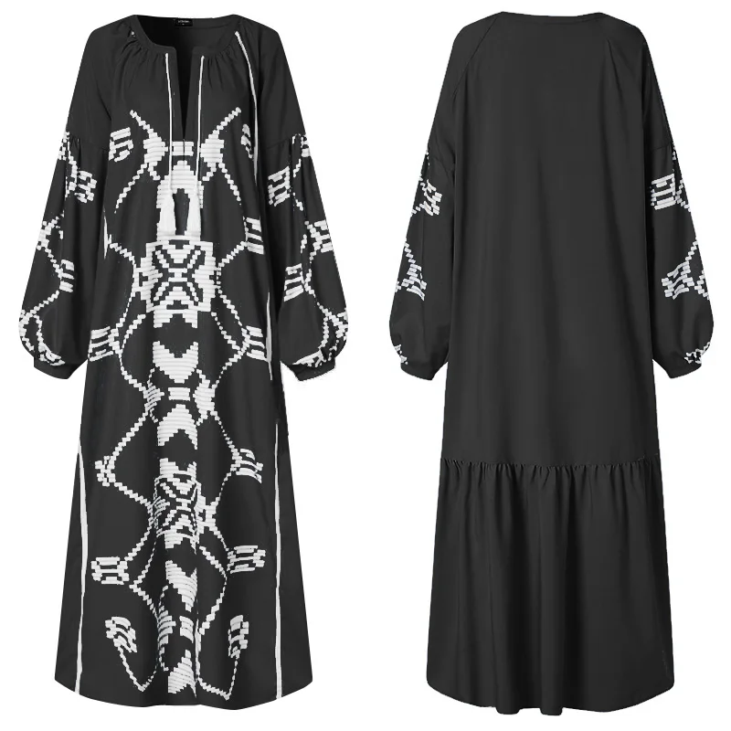 

Women Dress 2021 VONDA Vintage Lantern Sleev V Neck Floral Print Long Maxi Dresses Beach Bohemian Casual Vestido Plus Size S-5XL