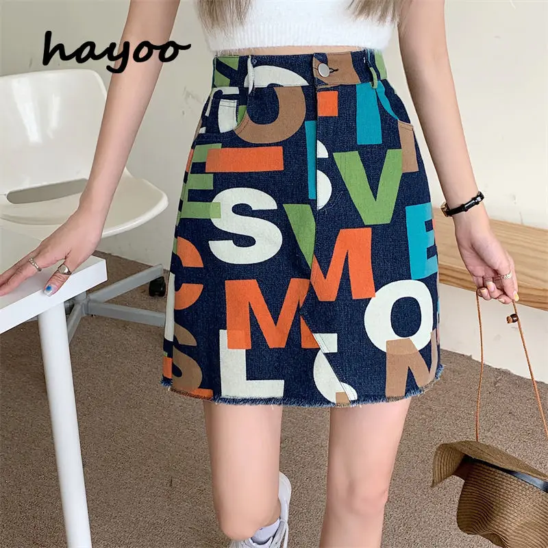

Women's large size personalized color letter printed denim skirt high waist all-match slimming A- line skirt for girls