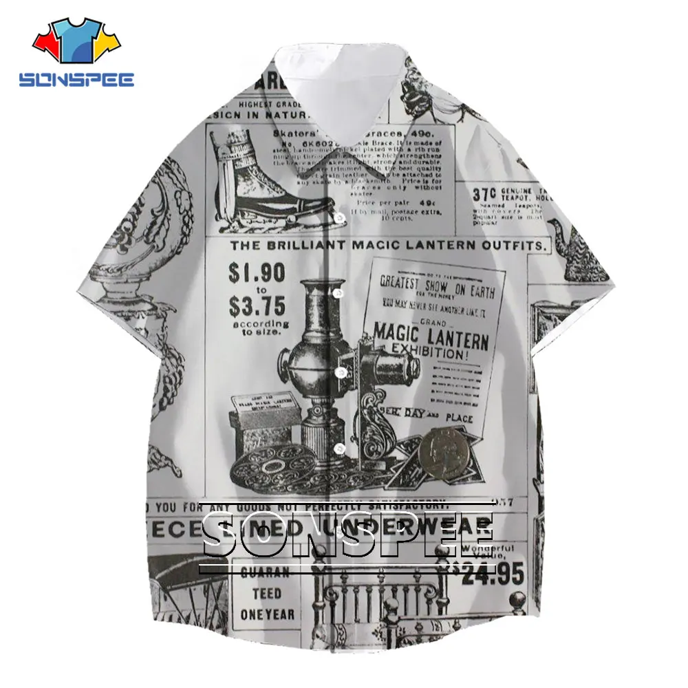 SONSPEE 3D Print Old Newspaper Shirt Summer Casual Streetwear Funny Women Men's Hawaiian Short Sleeve Shirts Fitness Top Clothes