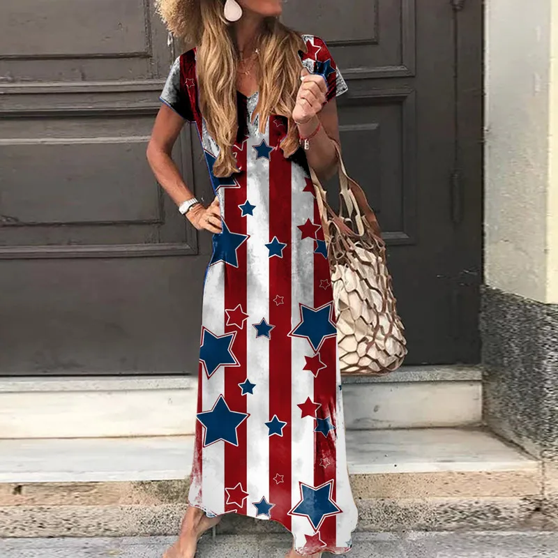 

Длинное платье для женщин модные футболки с короткими рукавами и v-образной горловиной День Независимости повседневные нарядные платья для...