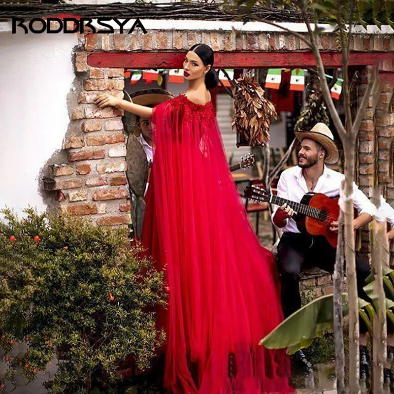 

Lace Appliques A Line Evening Dress Formal Off the Shoulder with Cloak Red Party Dress Abendkleider 2020 Robe De Soiree
