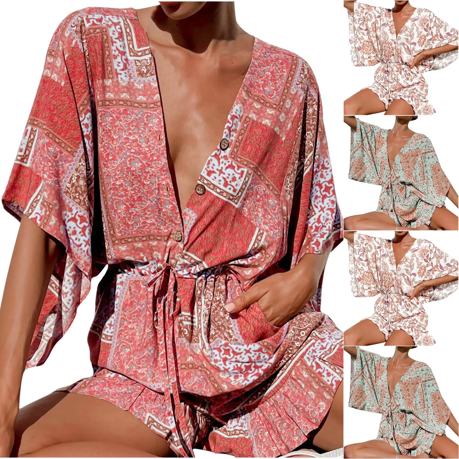 

Summer Women Sexy Deep V-Neck Jumpsuit Playsuit Summer Casual Loose Drawstring Wide Leg Short Bohemia Printing Rompers Overalls