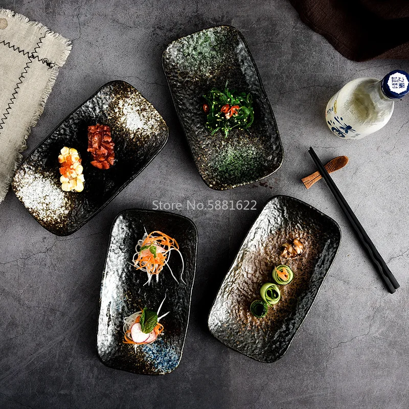 

Japanese Rectangular Stone Pattern Plate Ceramic Sushi Plate Dim Sum Plate Retro Flat Plate Dish Japanese Cuisine Tableware