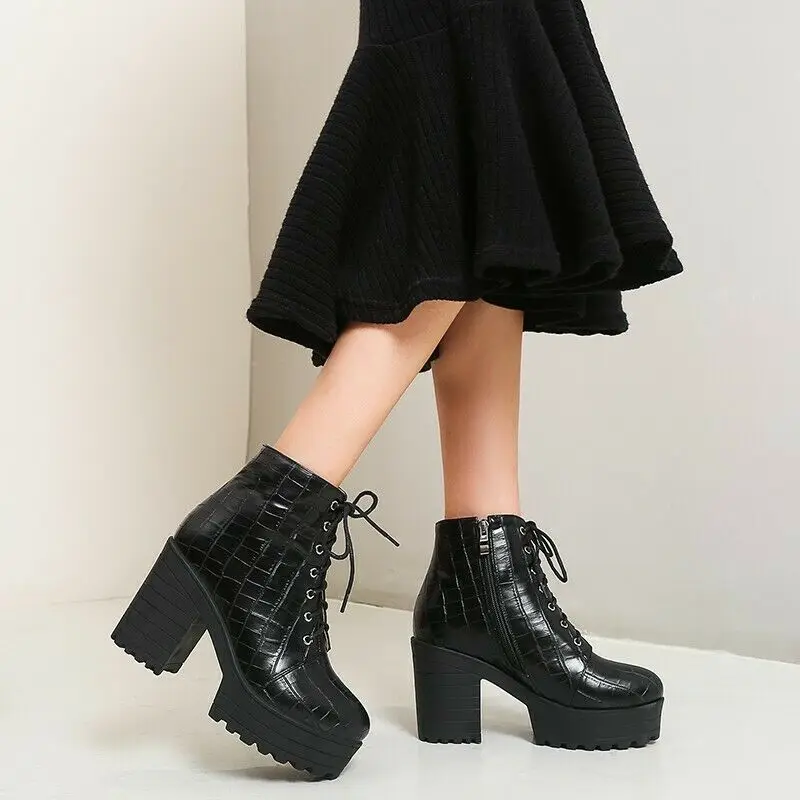 

Women Punk Shoes Lace-up Block High Heel Platform Ankle Knight Boots Outdoor