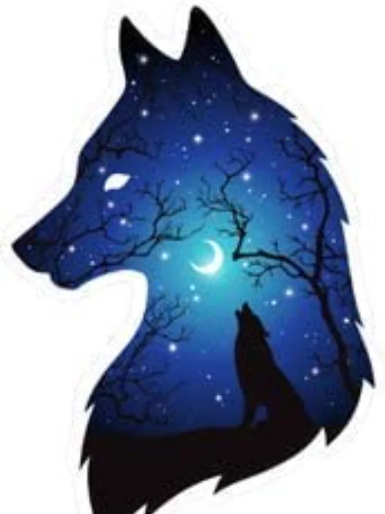 

Silhouette of Wolf Moon and Stars Double Exposure Cover Scratches Anti-UV Waterproof Car Stickers Window Windshield Accessories
