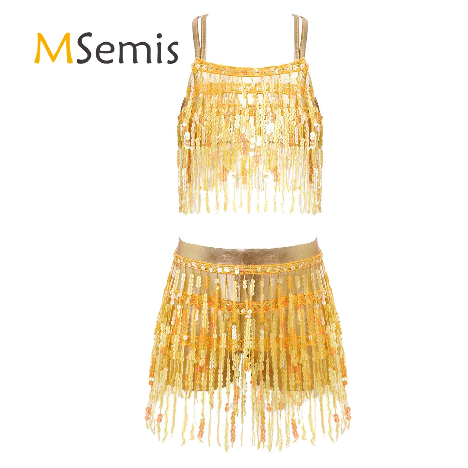 

Kids Girls Shiny Sequins Tassel Dancewear Sleeveless Double Criss Cross Strappy Back Crop Top with Invisible Zipper Side Shorts