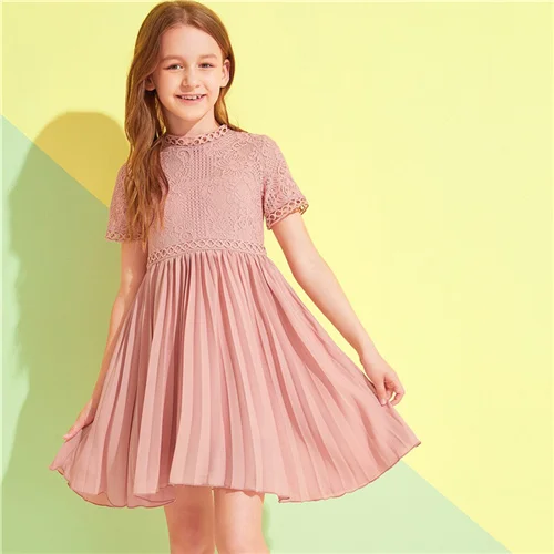 Розовый SHEIN Kiddie/красное платье в горошек с рюшами и открытыми плечами для девочек г. летнее расклешенное платье до колена с короткими рукавами для отдыха в стиле бохо - Цвет: Розовый