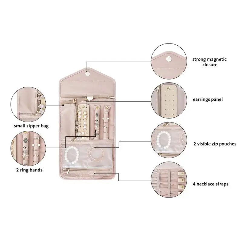 

Travel Jewelry Organizer Roll Foldable Jewelry Case for Journey-Rings, Necklaces, Bracelets, Earrings