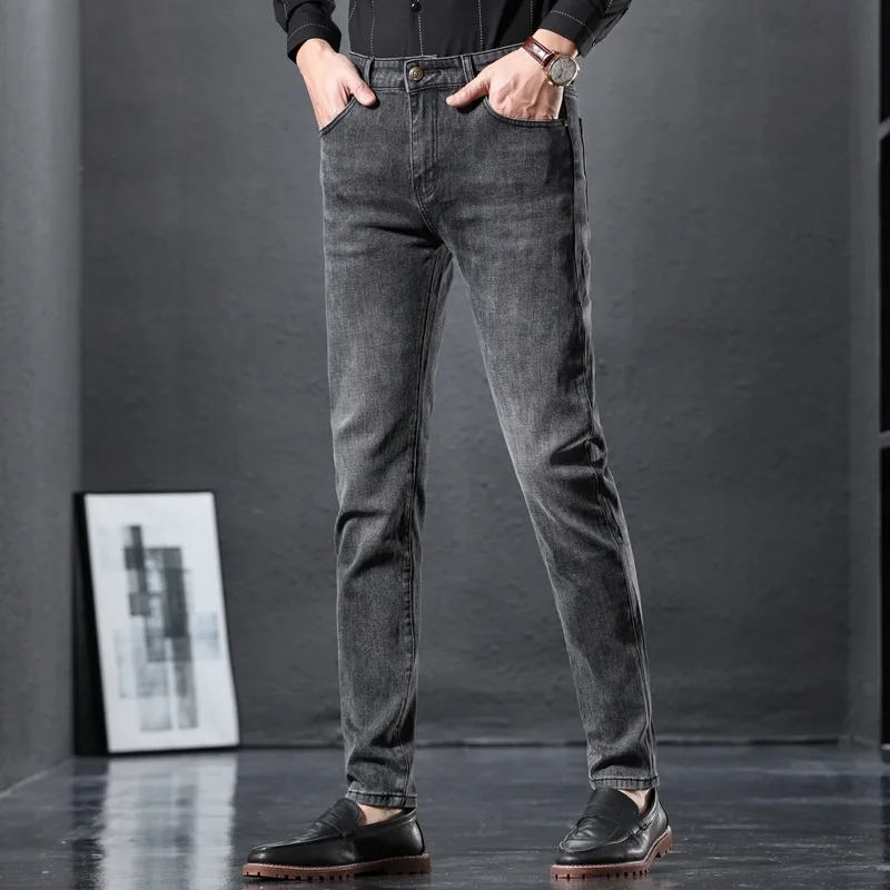 

High grade spring and autumn jeans men's pants Korean stretch straight tube slim black youth trend jeans with small feet