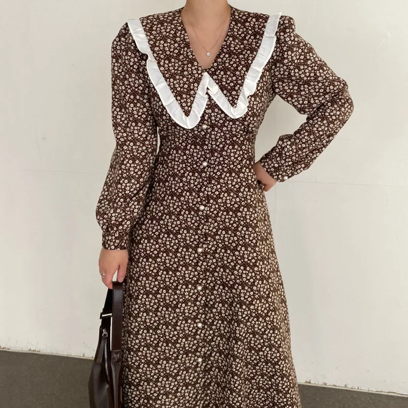 

2021 New Korea Fashion Elegant Retro Temperament Hit Color Lace Doll Collar Pearl Single Breasted Waist Long Floral Print Dress
