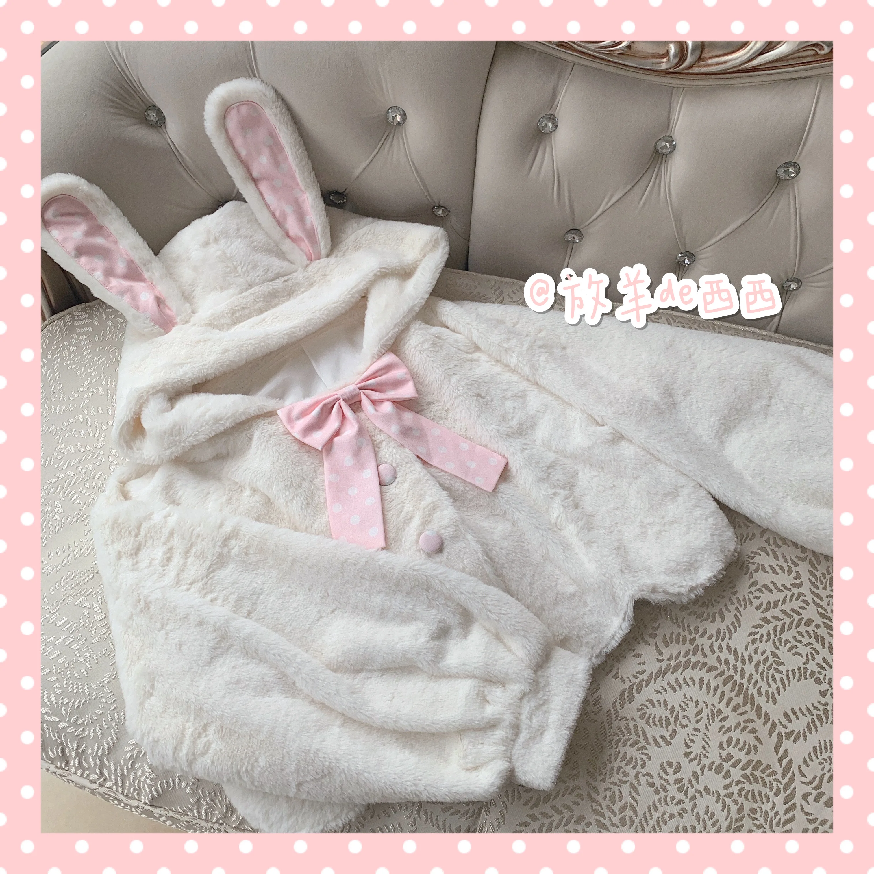 

Autumn Winter Harajuku Kawaii Lolita White Bow Cute Cartoon Rabbit Ears Loose Long Sleeve Women Hooded Sweet Coat