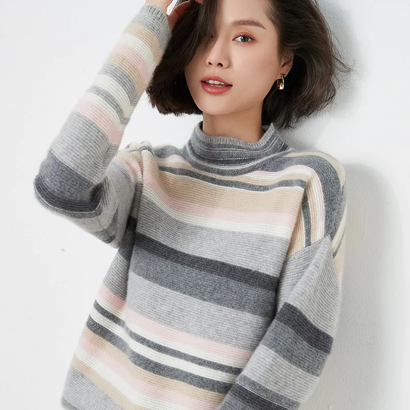 Женский шерстяной свитер в полоску теплый пуловер из натуральной шерсти с