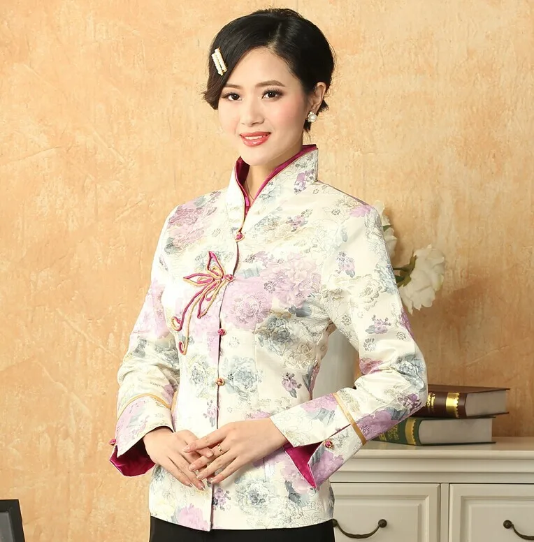 Лидер продаж многоцветный китайский женский атласный пиджак принт традиционный