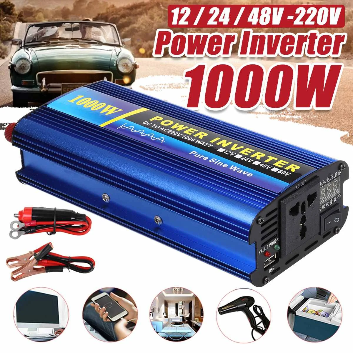 

Pure Sine Wave Peak 1000W Car Power Inverter DC 12/24/48V to AC 220V Household Converter Adapter LED Display Auto Accessories