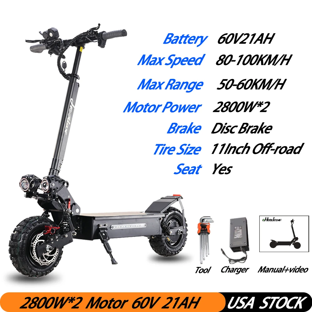 

90KM/H Max Speed 60V50AH Adult Electric Scooter 5600W Dual Motor 11 Inch Offroad Tire Two Wheel Foldable Smart E Skateboard