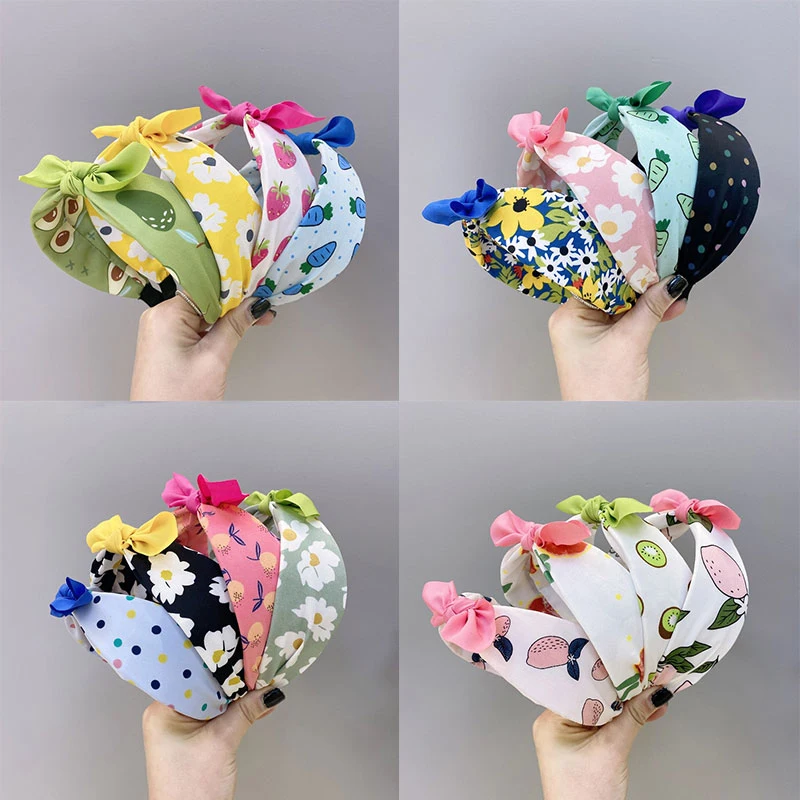

Kids Girls Cute Rabbit Ears Bow Headband Hair Accessories Strawberry Children Polka Dot Fruit Print Hair Hoop Vintage Headbands