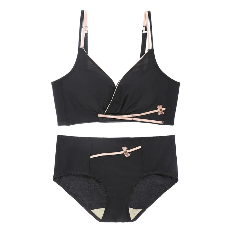 

2021 Adjustable Gathering No Steel Ring Underwear French Women's Lace Glossy Bowknot Collection Plus Size Green Bra Set Push Up