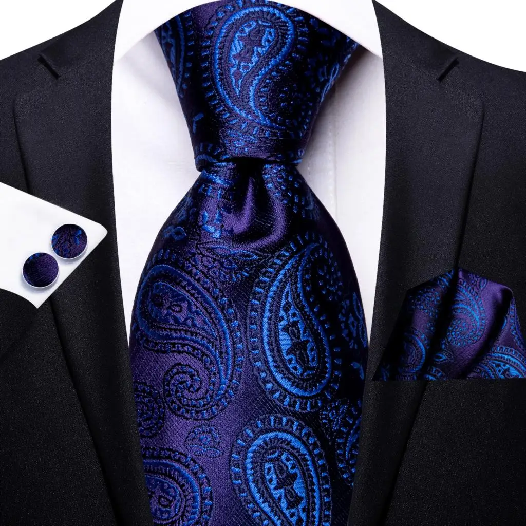 Фото Темно-синий Пейсли Шелковый Свадебный галстук-бабочка для мужчин Handky Запонки