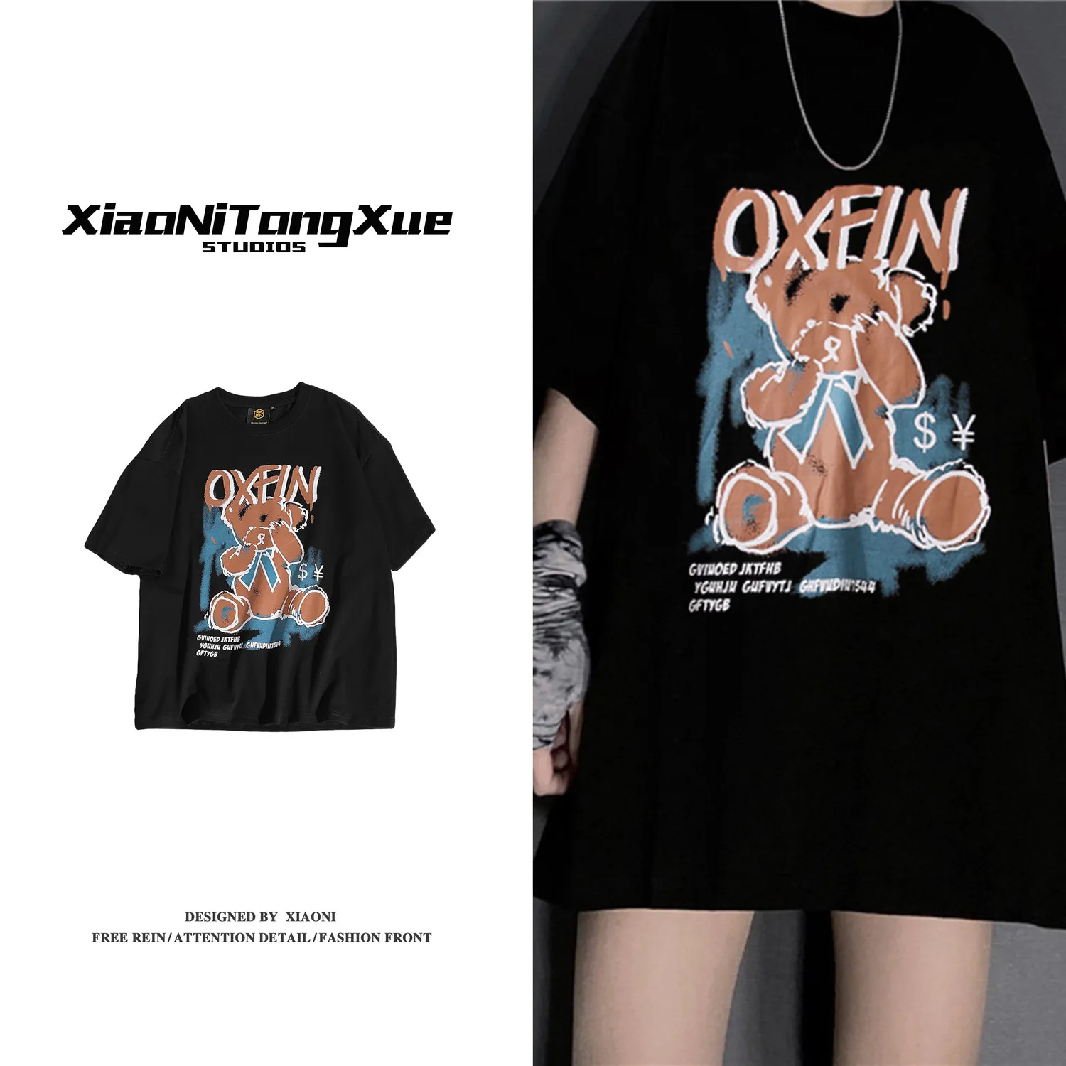 

HarajukuT-shirts Women Cartoon Bear Printing Leisure Loose Streetwear Tees Womens FunnyT Shirt Female Summer Clothing Girls
