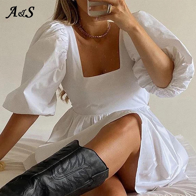 

Anbenser Women Summer Dress Sexy Fashion White Elegant Puff Sleeve Backless Party Beach Dress Vacation Casual Mini Dress