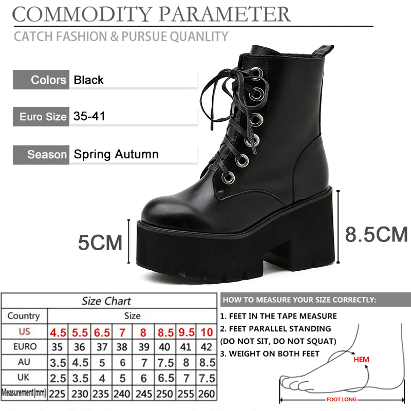 

BYQDY Black Platform Combat Ankle Boots For Women Lace Up Creeper Chunky Heels Walking Shoes Soft Leather Comfortable Plus 41