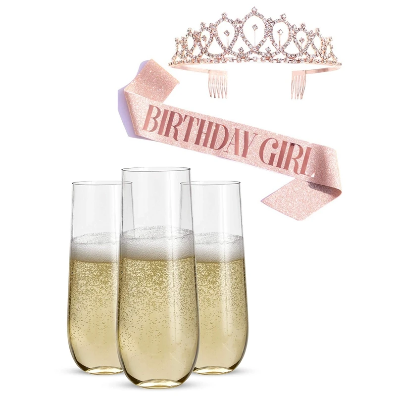 

24 Stemless Plastic Champagne Flutes With Birthday Girl Sash & Rhinestone Tiara Kit 2 Sets