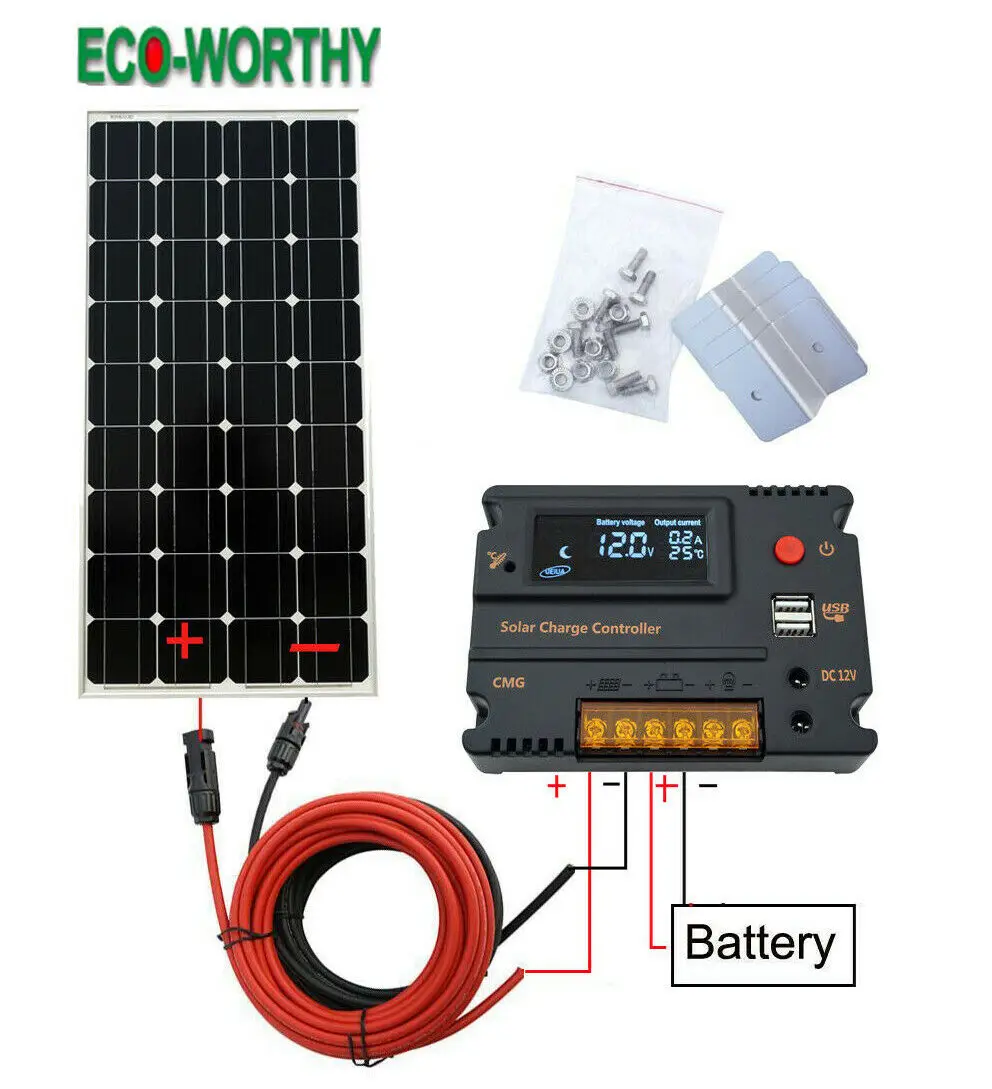 100W Complete Kit Комплект солнечных панелей ECOWORTHY 100 Вт, 12 В, зарядка от аккумулятора, 10 А/20 А, контроллер, караван, лодка, домашняя, RV, солнечная батарея, 200 Вт, 300 Вт, солнечное зарядное устройство - Цвет: 100W Complete Kit