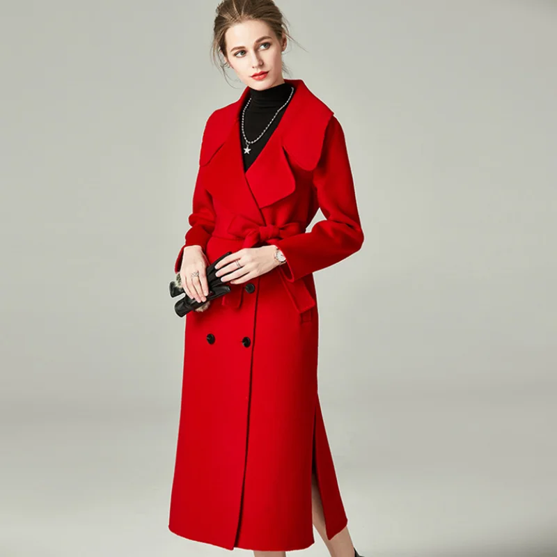 

women new style long slim woolen overcoat lady double-sided high-end clothes fashion female manual over knee cashmere coat