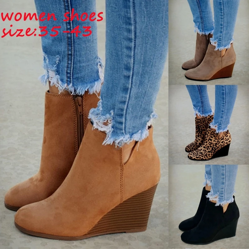 

Ladies Pointed Toe Booties Winter Women Leopard Ankle Boots Woman Platform High Heels Wedges Shoes Woman Bota Feminina Footwear