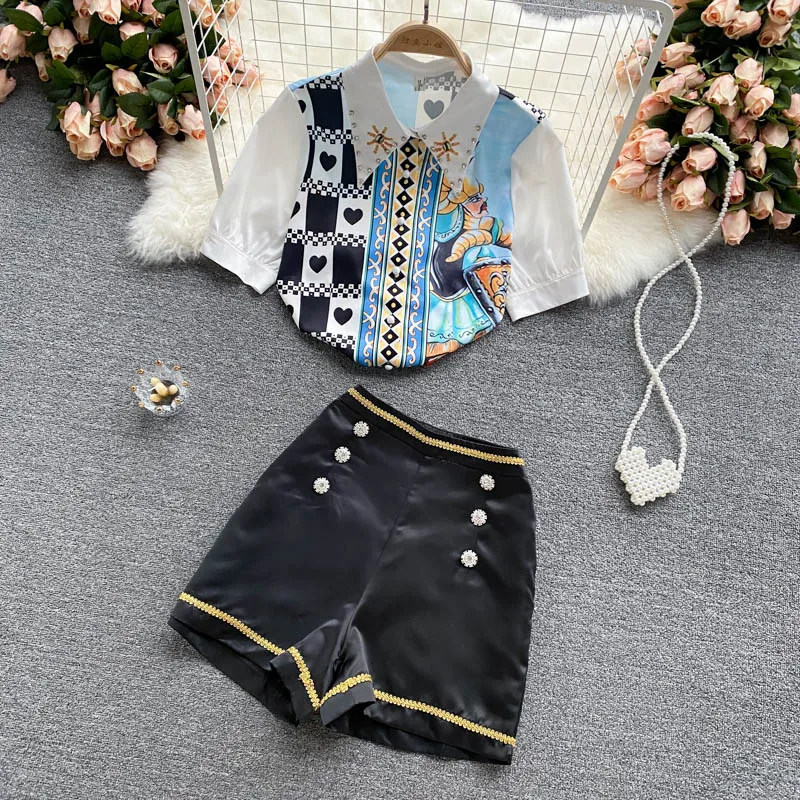 

Summer Fashion Suit 2021 Plus Size Romper Two-piece Blouse+Shorts Women Casual Short Sleeve Golden Print Suit шорты женский