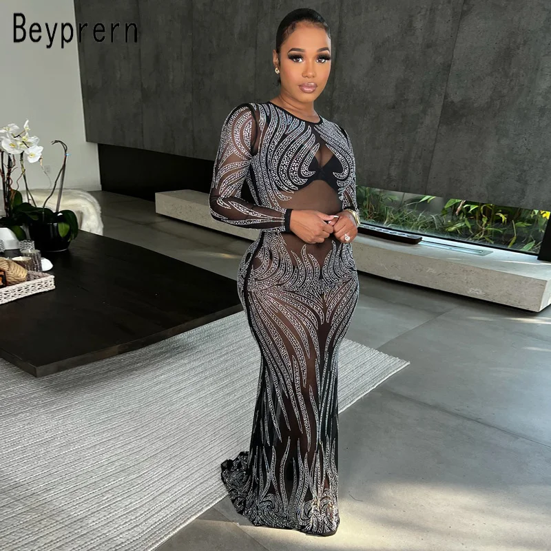 

Beyprern Gorgeous See-Through Mesh Rhinestones Maxi Dress New Spring Womens Long Sleeve Sequin Glam Gown Celebrities Outifts