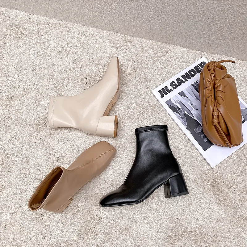 

2020 spring and autumn new thick with square head elastic boots female thin and thin shoes fashion wild single boots Z962