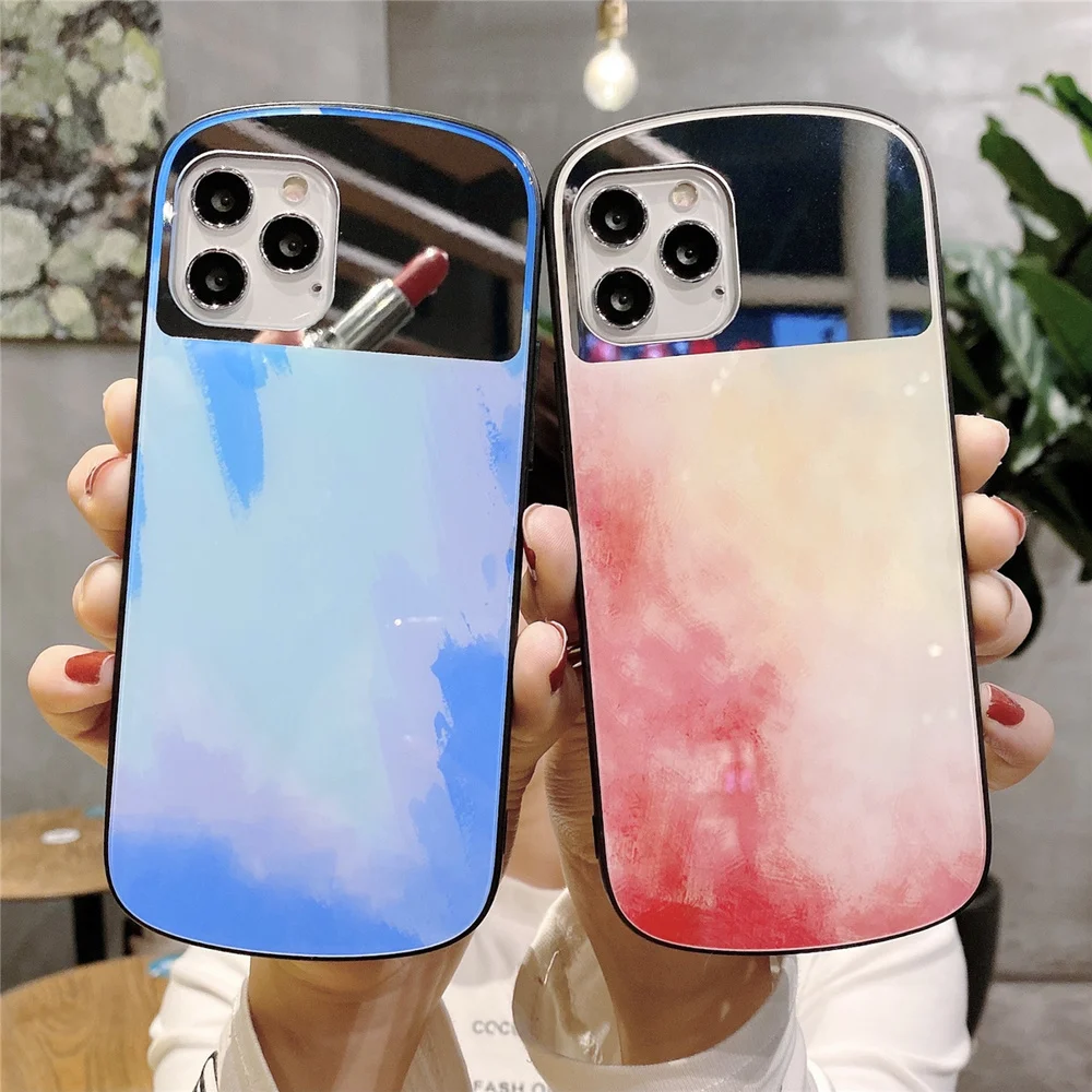 

Cute Oval Rainbow Mirror Tempered Glass Phone Case for IPhone 12 Mini 11 Pro Max XSmax XR X SE 8 7 Plus Luxury Shockproof Cover