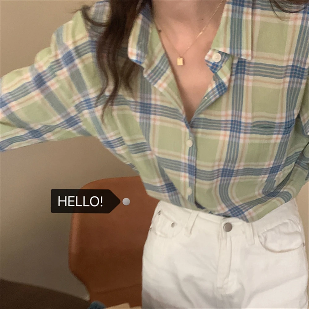 

Oversize Desing Tee Plaid Shirt Women's Buttoned Shirts Tops Woman Clothes Fashion Top Collared Shirt Long Sleeve Tees Blouse