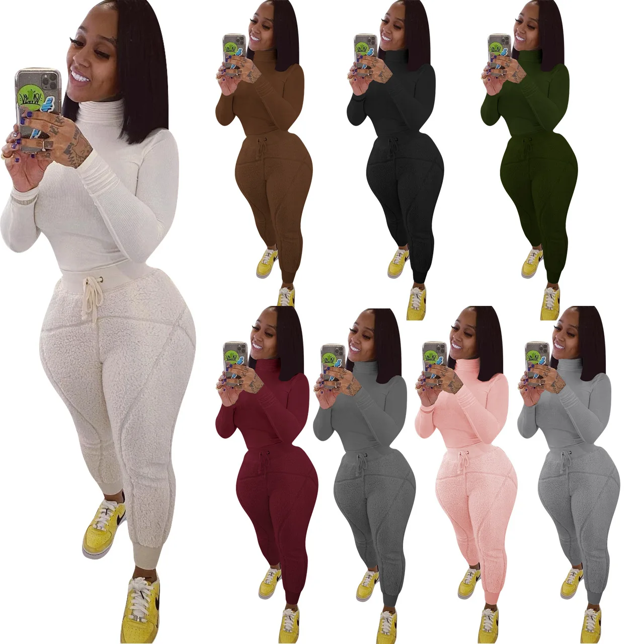 

Women Solid Color Ribbed Slim Turtleneck Tops And Drawstring Cashmere Plush Sweatpant Joggers Two Piece set Casual Outfits