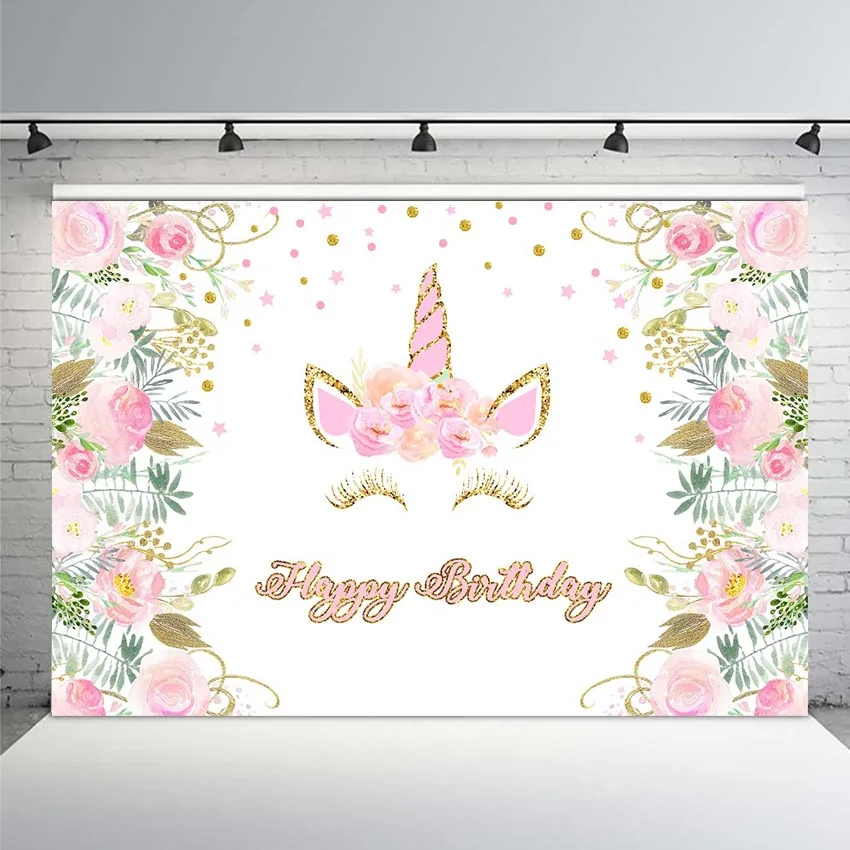 

Happy Birthday Backdrop Close Eyes Unicorn Background Flower Golden Stars Decor Birthday Party Photography Backdrops