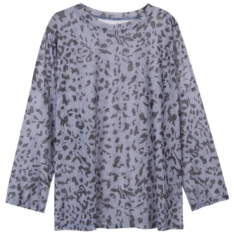 

Women Mesh See Through Leopard Print Loose Chiffon Sunscreen Blouse Summer Long Sleeve Shirt Female Thin Loose Transparent Tops