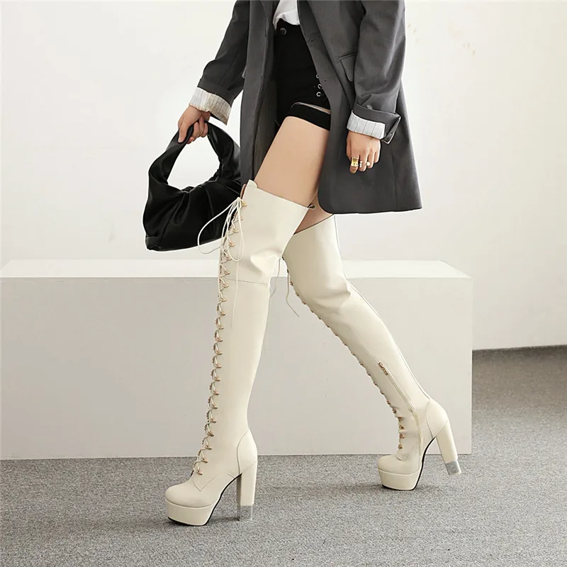 

MStacchi Fashion Women High Heel Boots Lace-Up Plush Rivet Platform Lucency Heel Party Shoes Thick Bottom Over Knee Botas Mujer