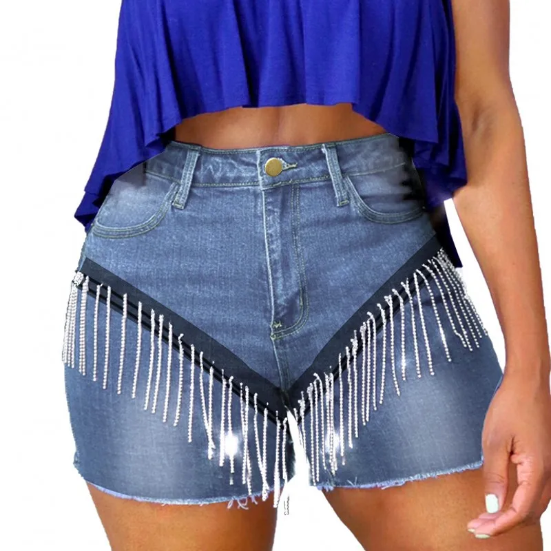 

Denim Shorts For Women High Waist Stretchy Skinny Straight With Tassel Summer Fashion Patchwork Streetwear Short Jeans 2021 New