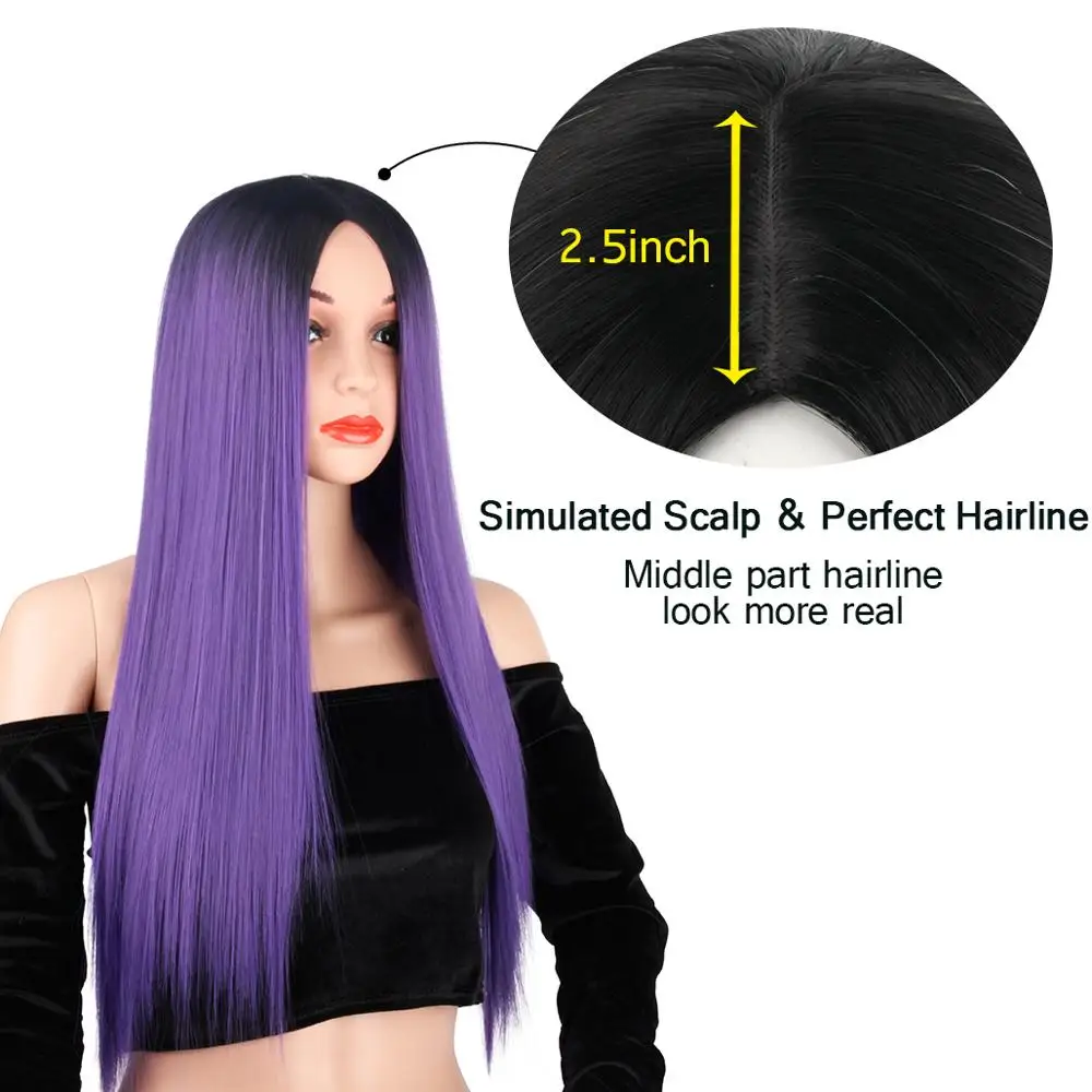 Длинные прямые парики из синтетических волос цвет синий фиолетовый термостойкий