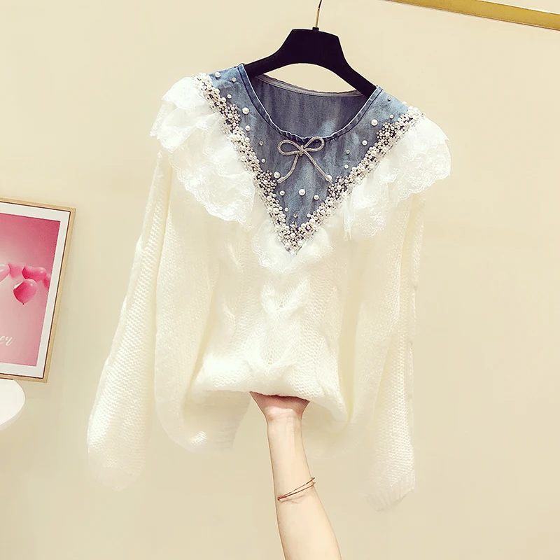 

Denim Patchwork Women Sweater Pullovers O-Neck Beaded Ruffles Lace Loose Lady Elegant Pulls Outwear Tops