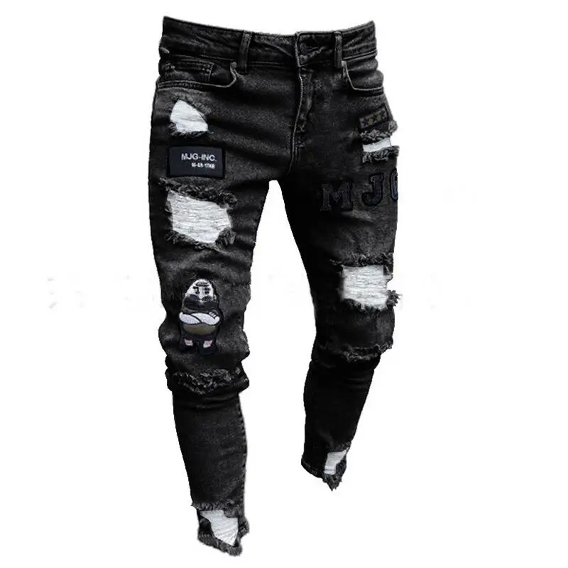 

Fashion Men Elastic Ripped Skinny Biker Embroidery Print Jeans Destroyed Hole Taped Slim Fit Denim Scratched High Quality Jeans