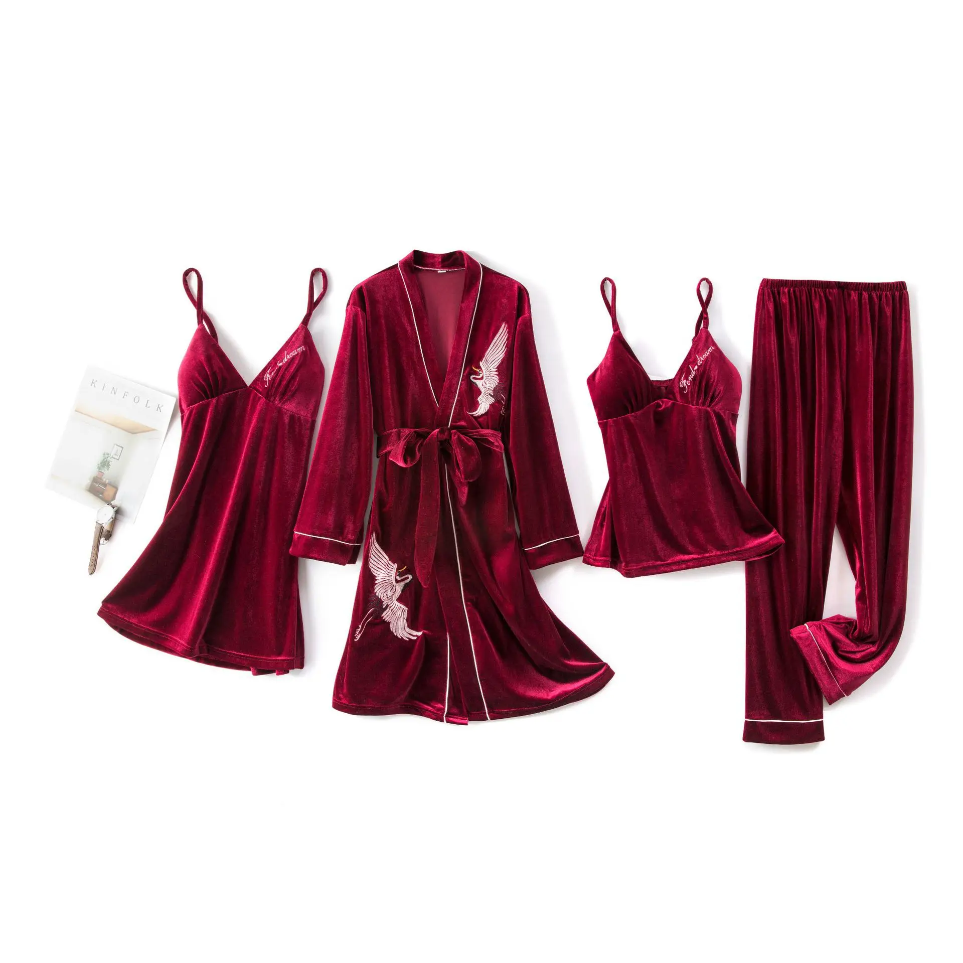 

Burgundy Velour Pajamas Sets 4PCS V-neck Cardigan Robe Kimono Sleepwear Women Flexiable Strap Nighty Autumn Winter Softy Pijamas