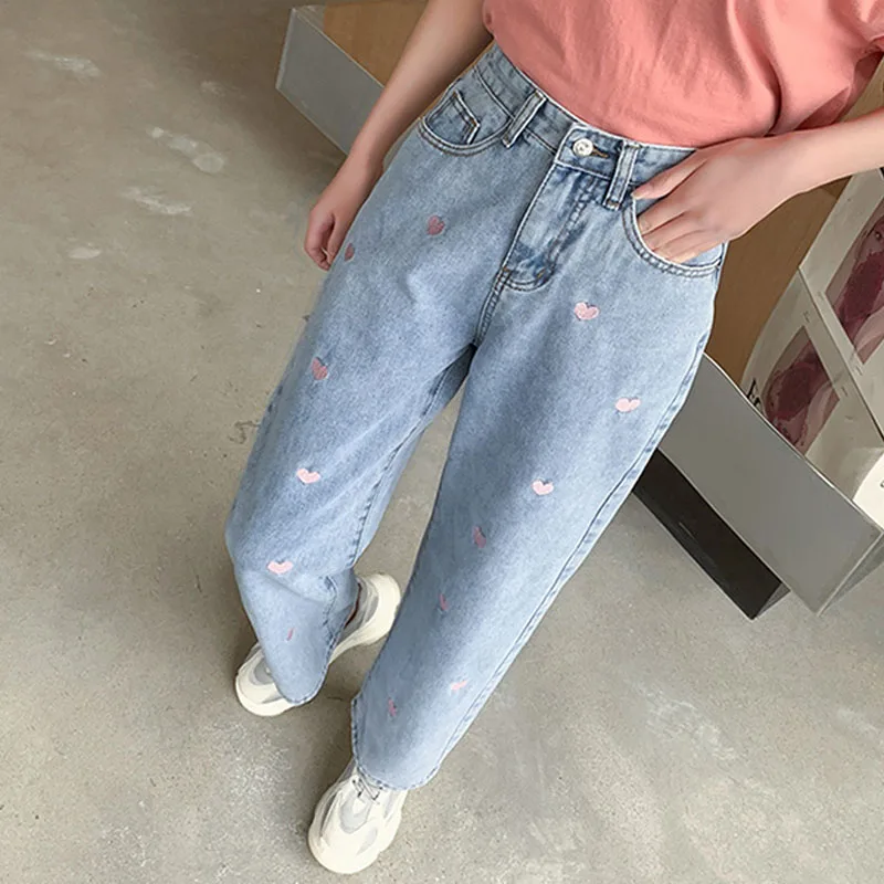 

Limiguyue Spring Vintage Women Heart Jeans Fashion Embroidery Wide Leg Pants Loose Casual High Waist Straight Baggy Jeans K391