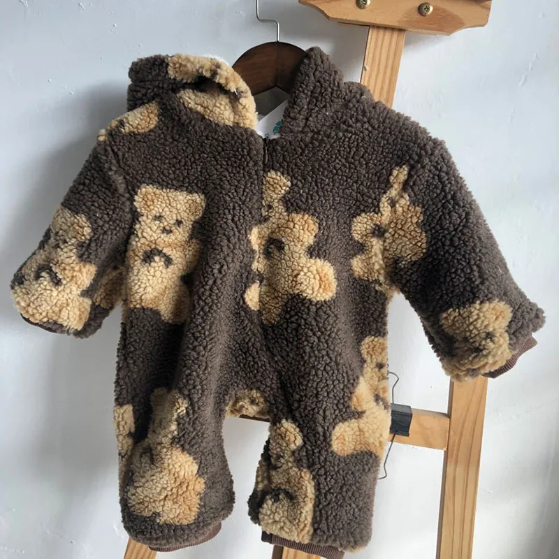 

ropa de bebé con forro grueso, Pelele con capucha de oso para recién nacido, mono informal de una pieza, novedad de Otoño de