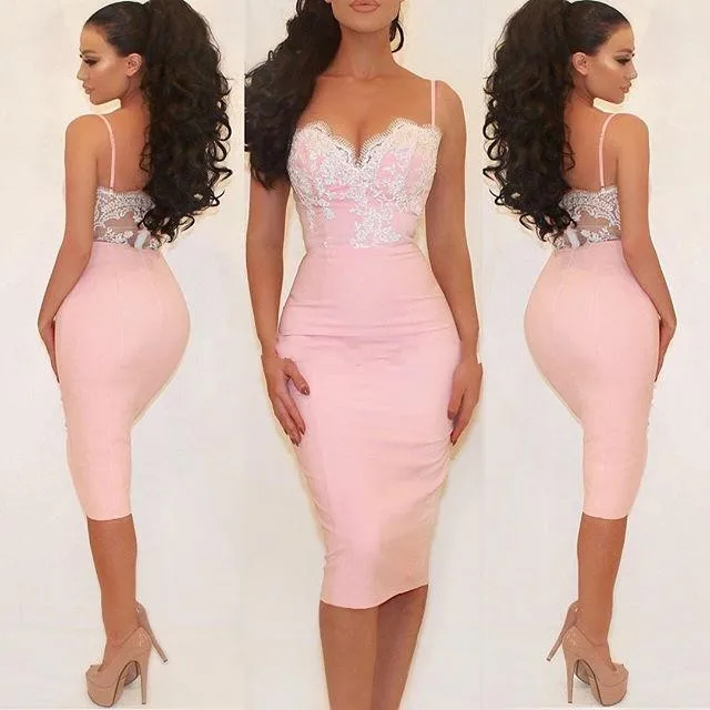 

Sexy Pale Pink Sheath Cocktail Dresses Sweetheart Spaghetti Straps Lace Satin Tea Length Backless Short Evening Party Dresses