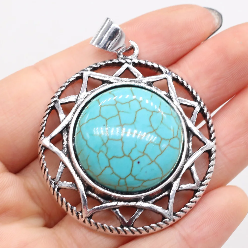 

Natural Stone Pendants Round Malachite Tiger Eye Antique Silver Alloy for Vintage Necklace Earrings Jewelry Making