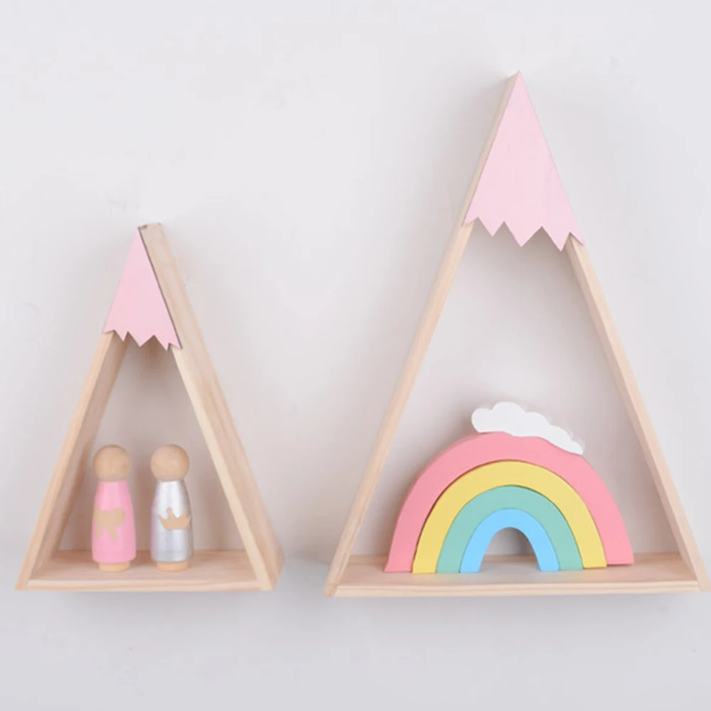 

2PCS Triangle Wooden Wall Shelf Hanging Shelves Storage Rack Girls Kids Bedroom Living Room Decorative Holders Home Decoration