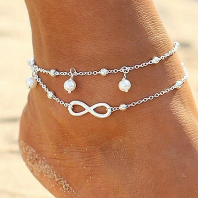 

Vintage Silver Heart Anklet Bohemian 8-Shape Ankle Bracelet for Women Multilayer Infinity Barefoot Sandals Foot Jewelry