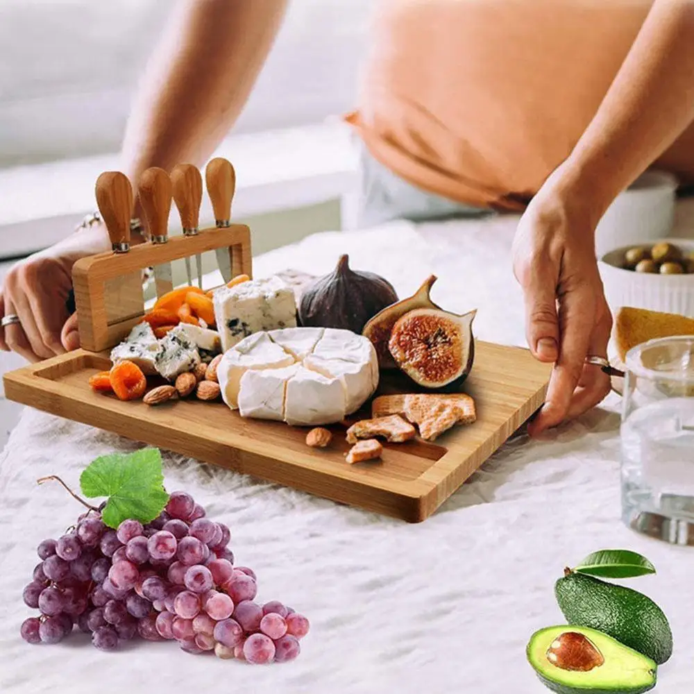

Bamboo Cheese Board Cutlery Knif Set Cutting Board Knives Fork with Tools Slicer Cut Scoop Steel Cooking Cheese Y9L0